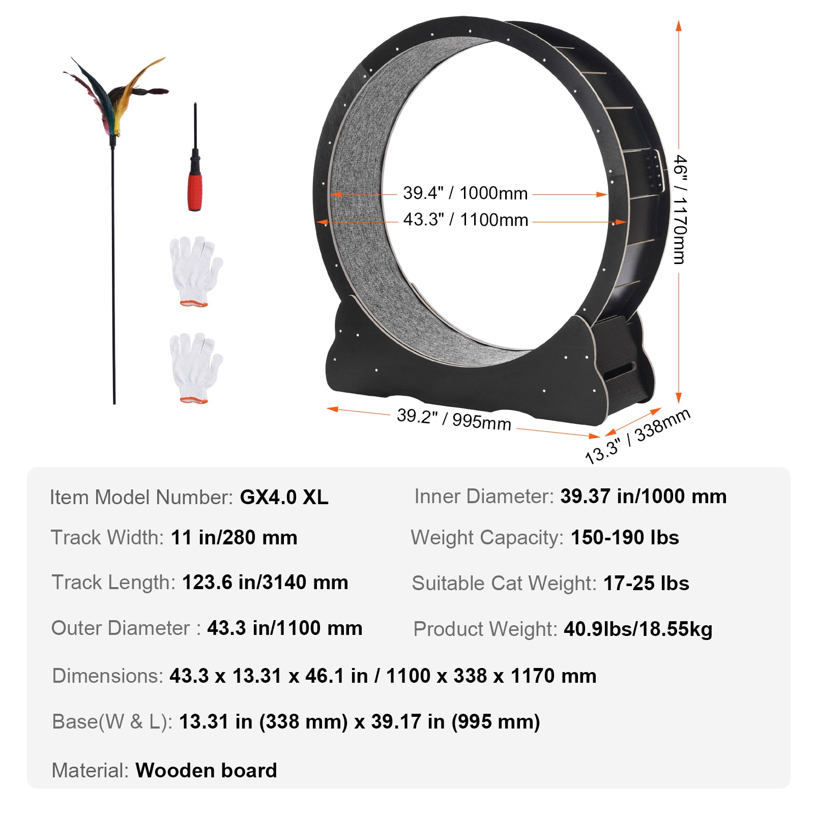 Cat Exercise Wheel 43.3" Large Cat Treadmill Wheel For Indoor Cats Black_voghion.com